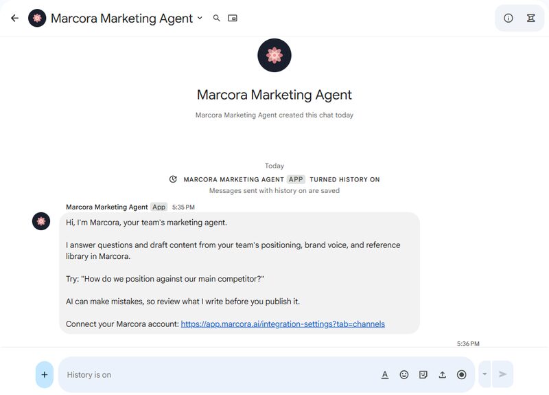 Google Chat: Marcora Marketing Agent replies with a link to connect your Marcora account